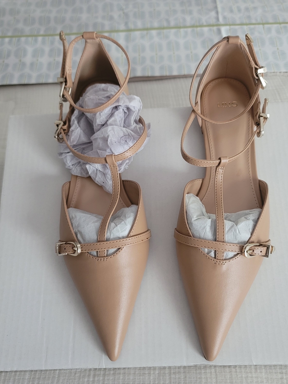 Mango Nude Pointed-Toe T-Strap Ankle Strap Pumps, Size 39